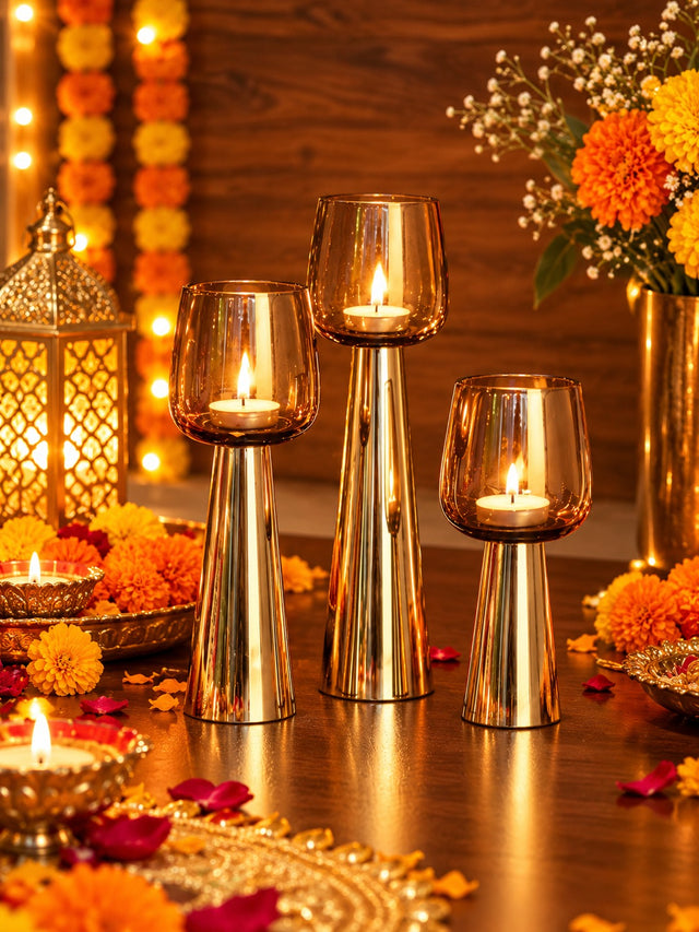 Candle Holder - Smokey Grey Glass Hurricane Set of 3 - Diwali decor