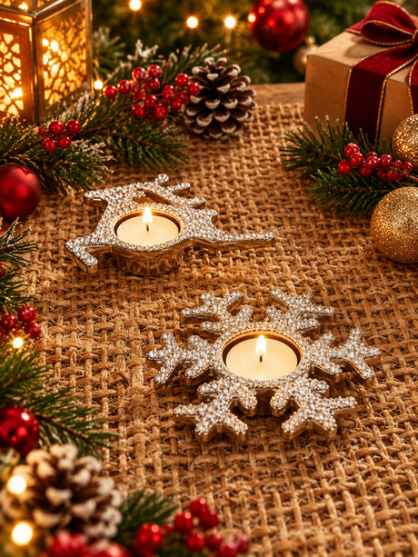 Candle Holder - Reindeer and Snowflake Tealight With Rhine Stones - Christmas decor