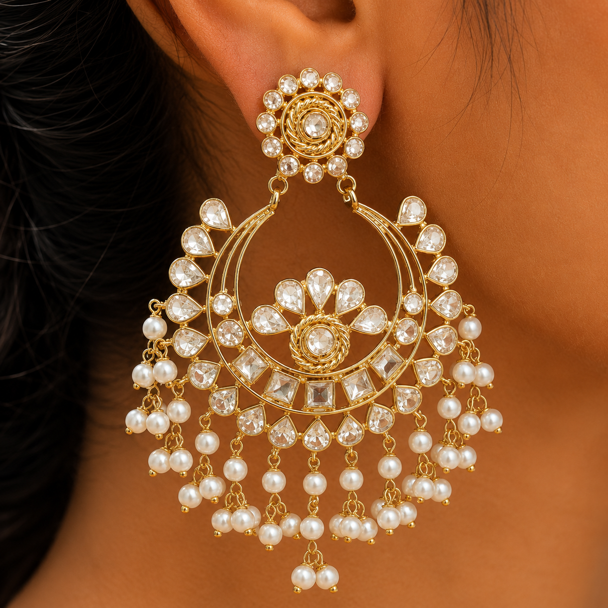 Delara Royal Kundan Pearl Chandbali Earrings