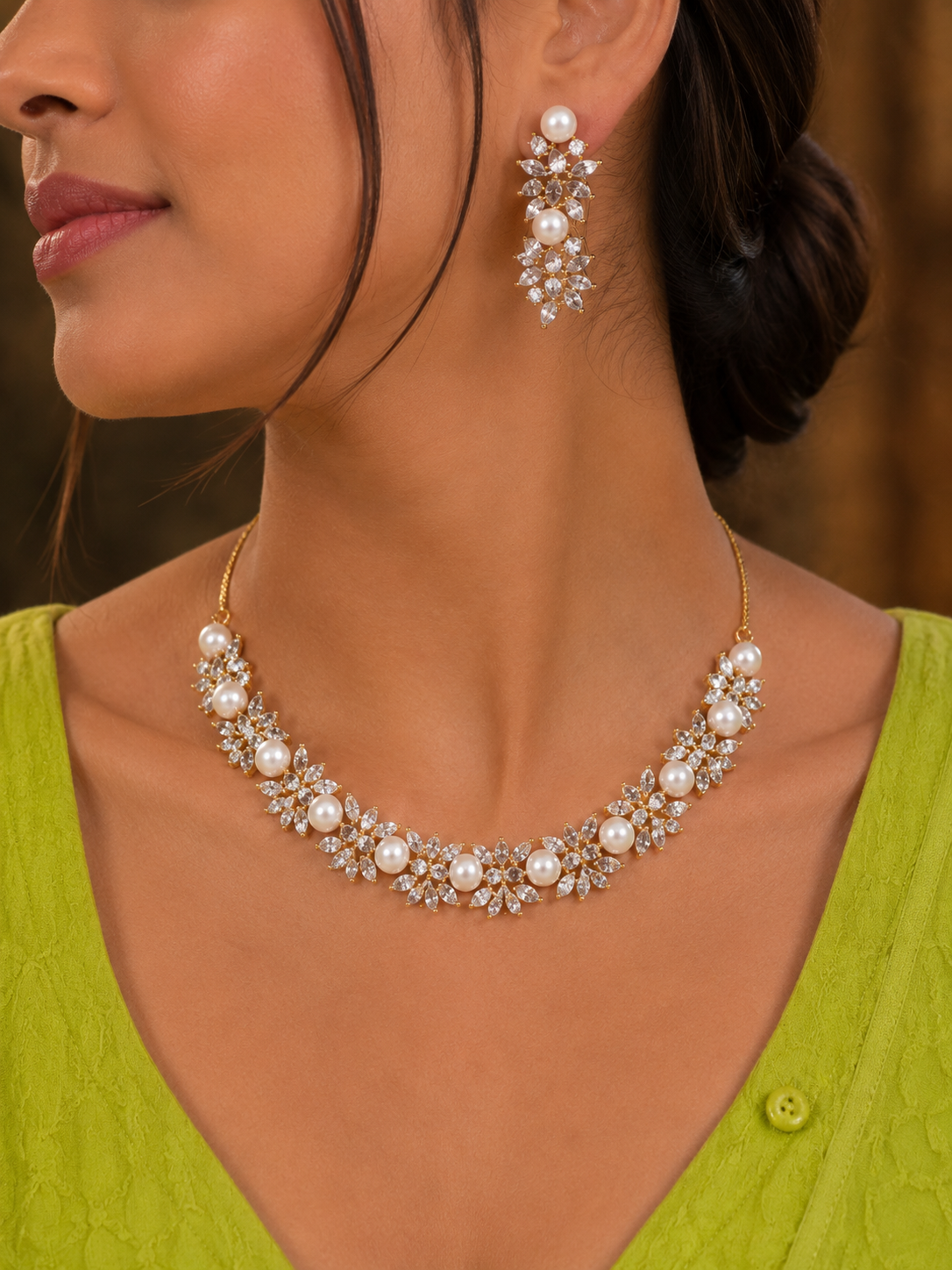 Tyasha Pearl Blossom Crystal Necklace Set