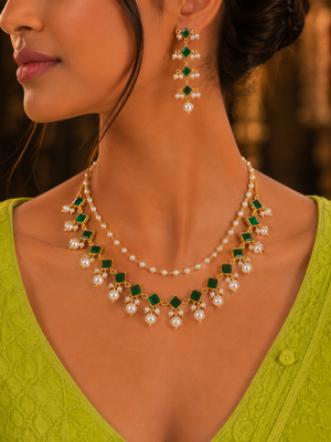 Sarita Emerald Polki Pearl Necklace Set