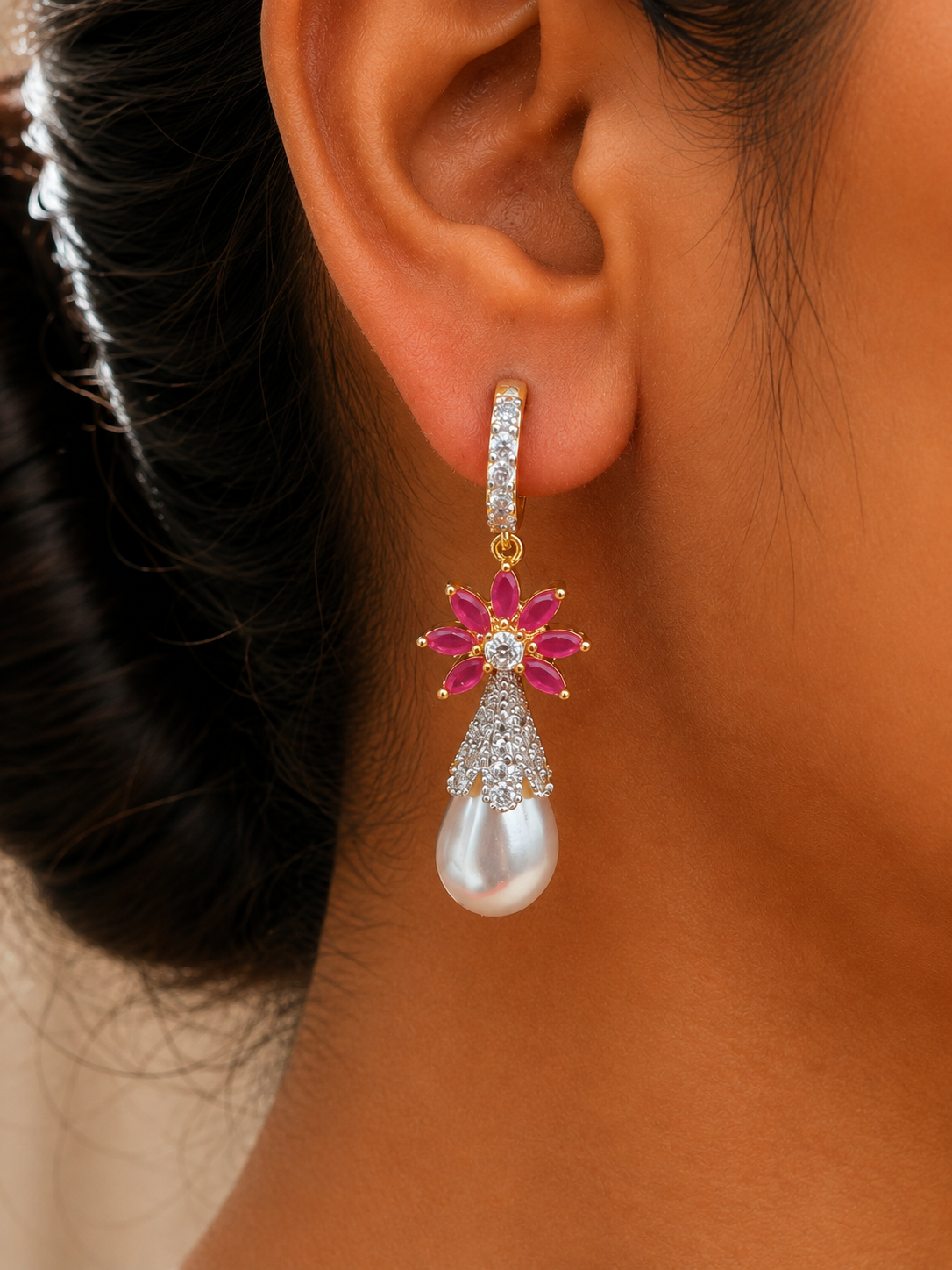 Ava Ruby Bloom Pearl Drop Earrings