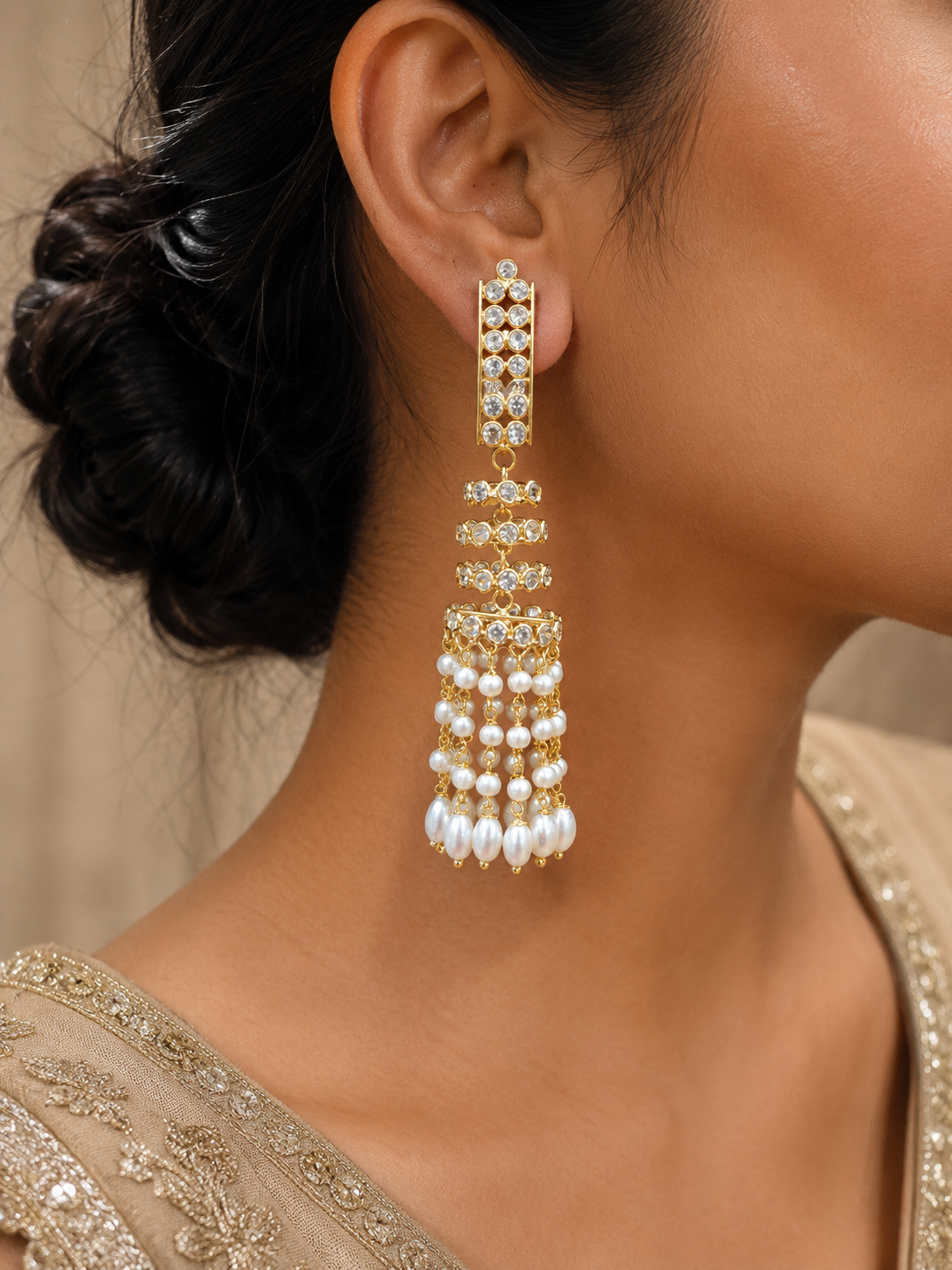 Nazanin Pearl Cascade Crystal Tassel Earrings