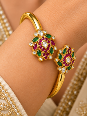 Royal Ruby & Emerald Floral Open Cuff Bracelet