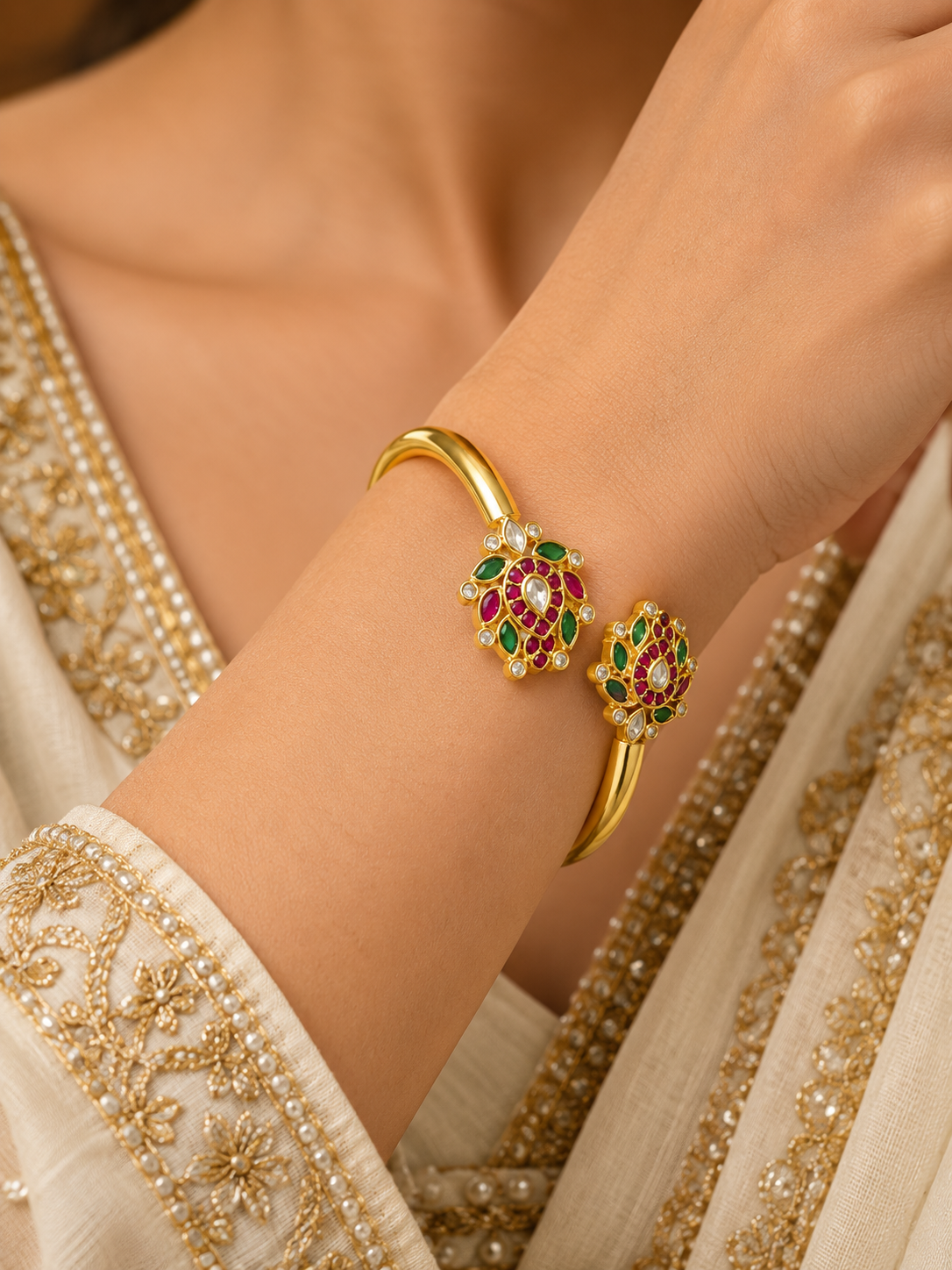 Royal Ruby & Emerald Floral Open Cuff Bracelet