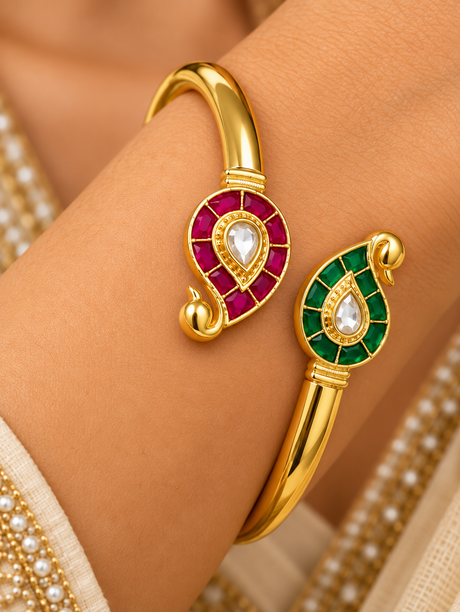 Ruby & Emerald Dual Motif Open Cuff Bracelet