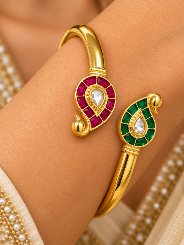 Ruby & Emerald Dual Motif Open Cuff Bracelet