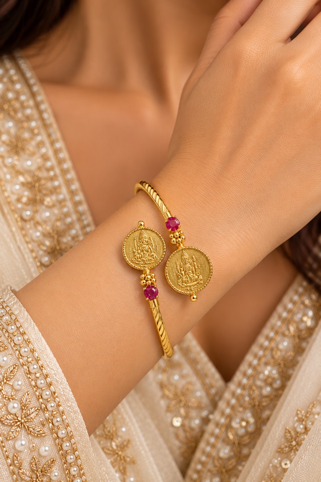 Ruby Lakshmi Coin Gold-Tone Open Cuff Bracelet