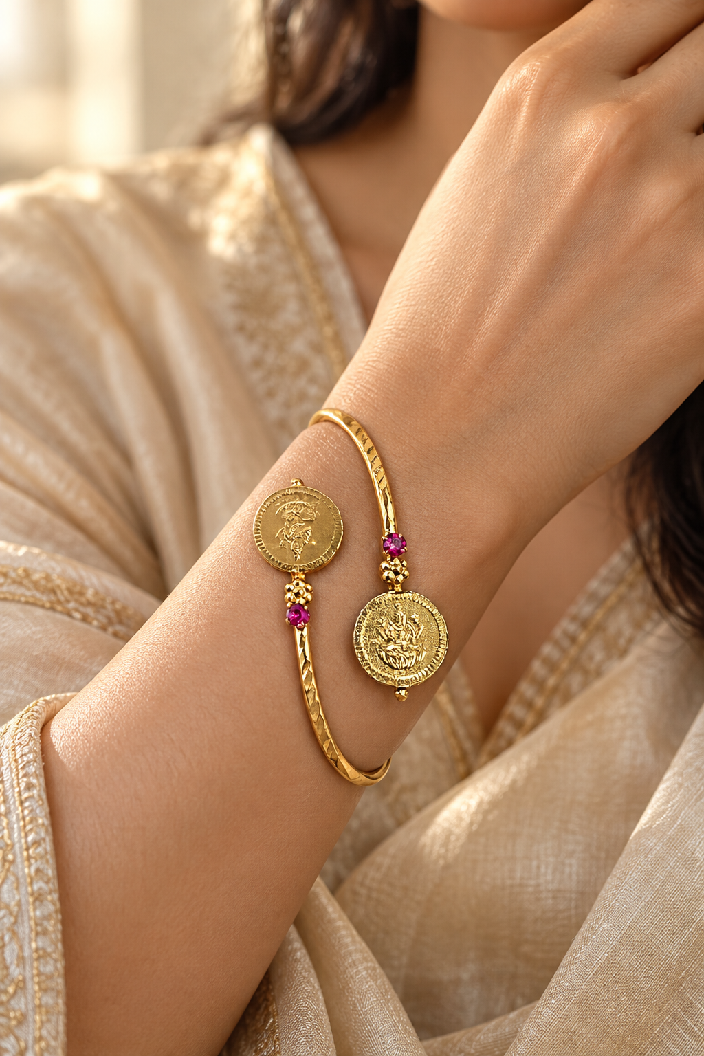 Ruby Lakshmi Coin Gold-Tone Open Cuff Bracelet