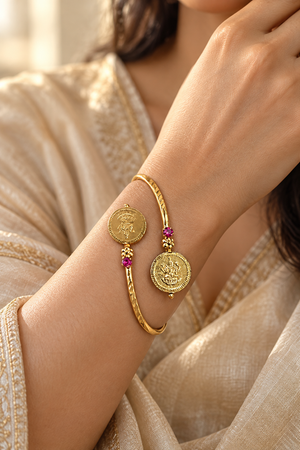 Ruby Lakshmi Coin Gold-Tone Open Cuff Bracelet