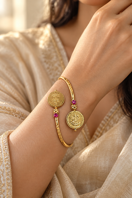 Ruby Lakshmi Coin Gold-Tone Open Cuff Bracelet