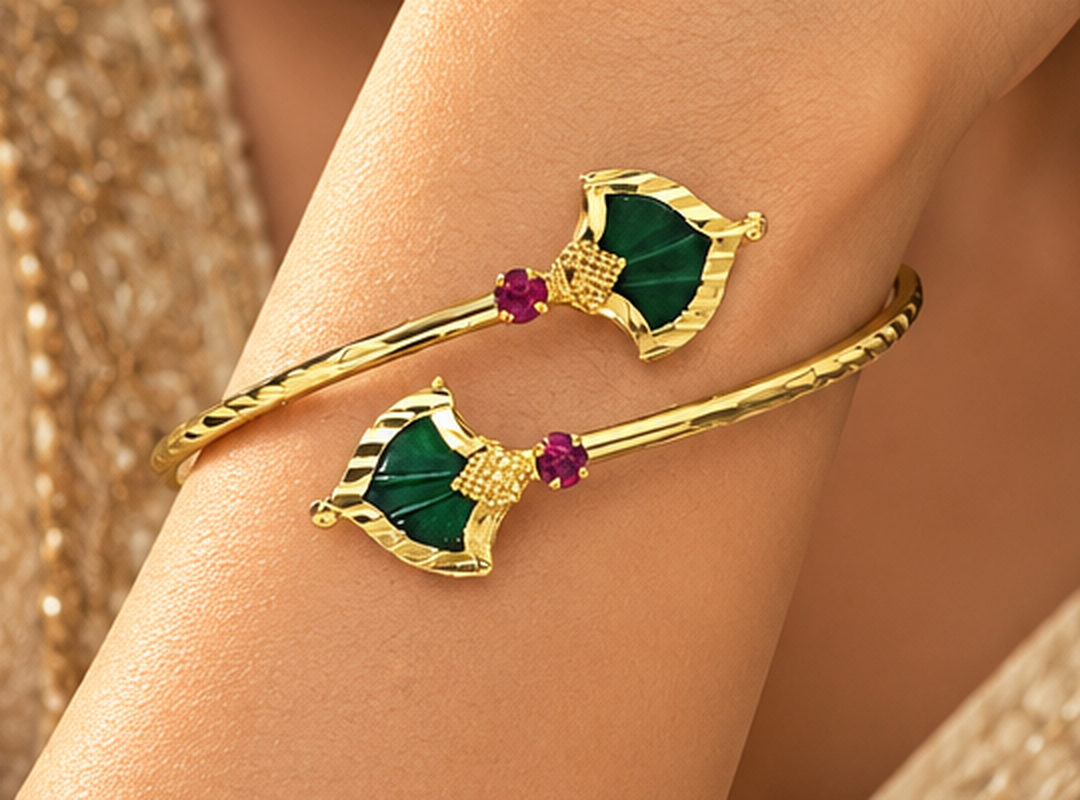 Emerald Enamel Ruby Accent Gold-Tone Open Cuff Bracelet