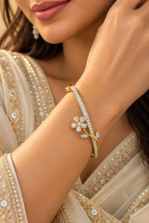 Floral Crystal Gold-Tone Charm Cuff Bracelet