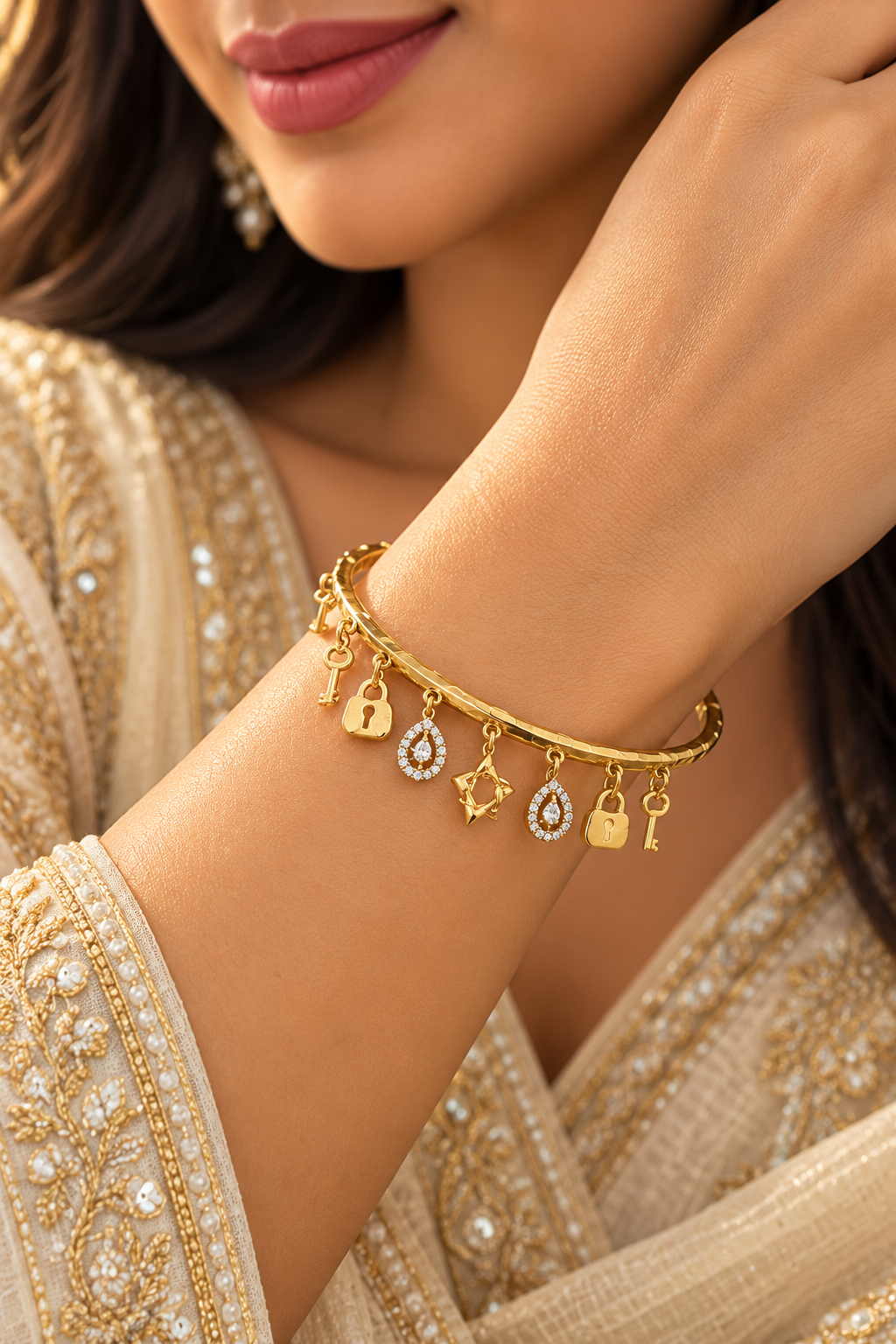 Floral Crystal Gold-Tone Charm Cuff Bracelet