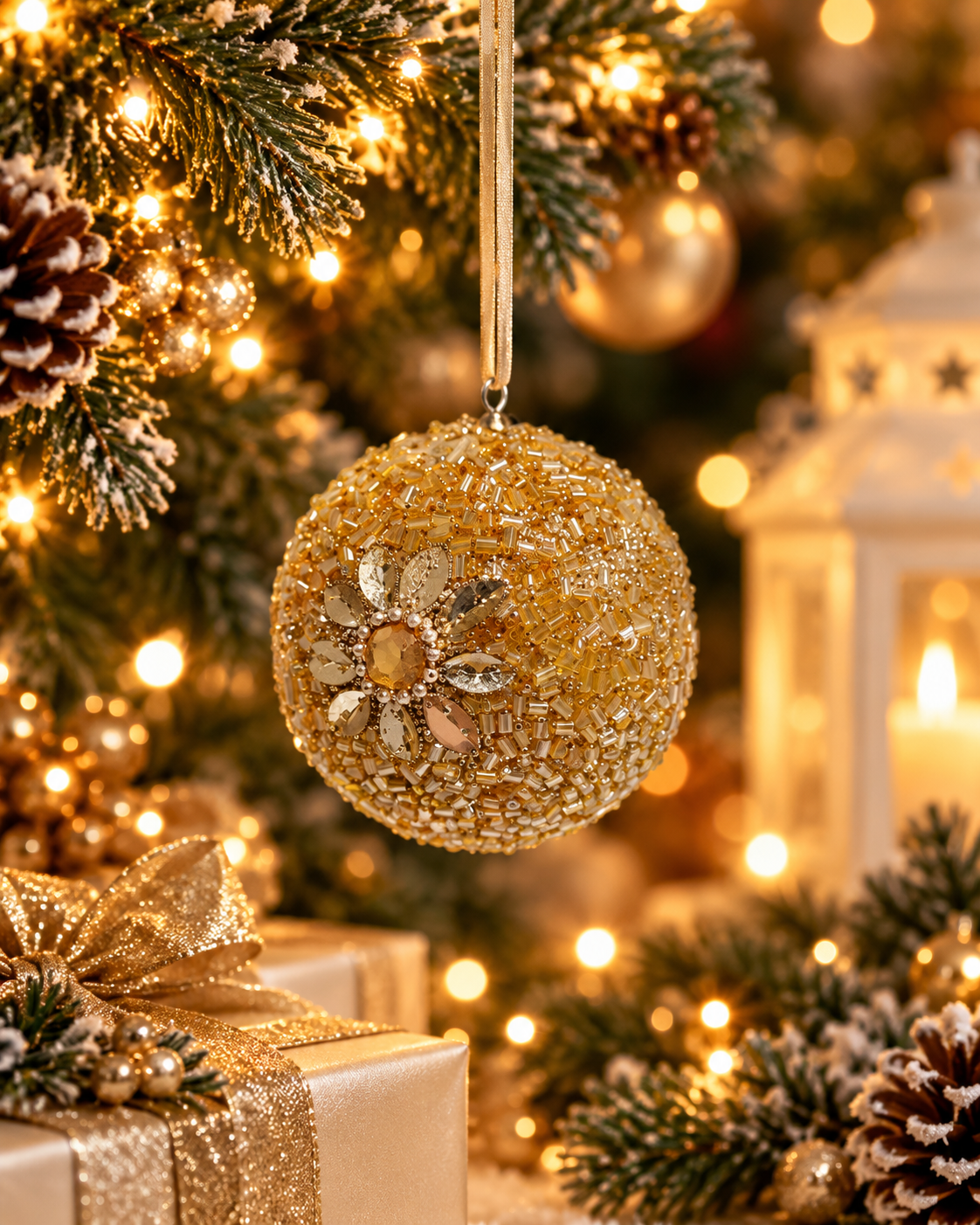Zarielle Gold Beaded Christmas Bauble - Christmas decor