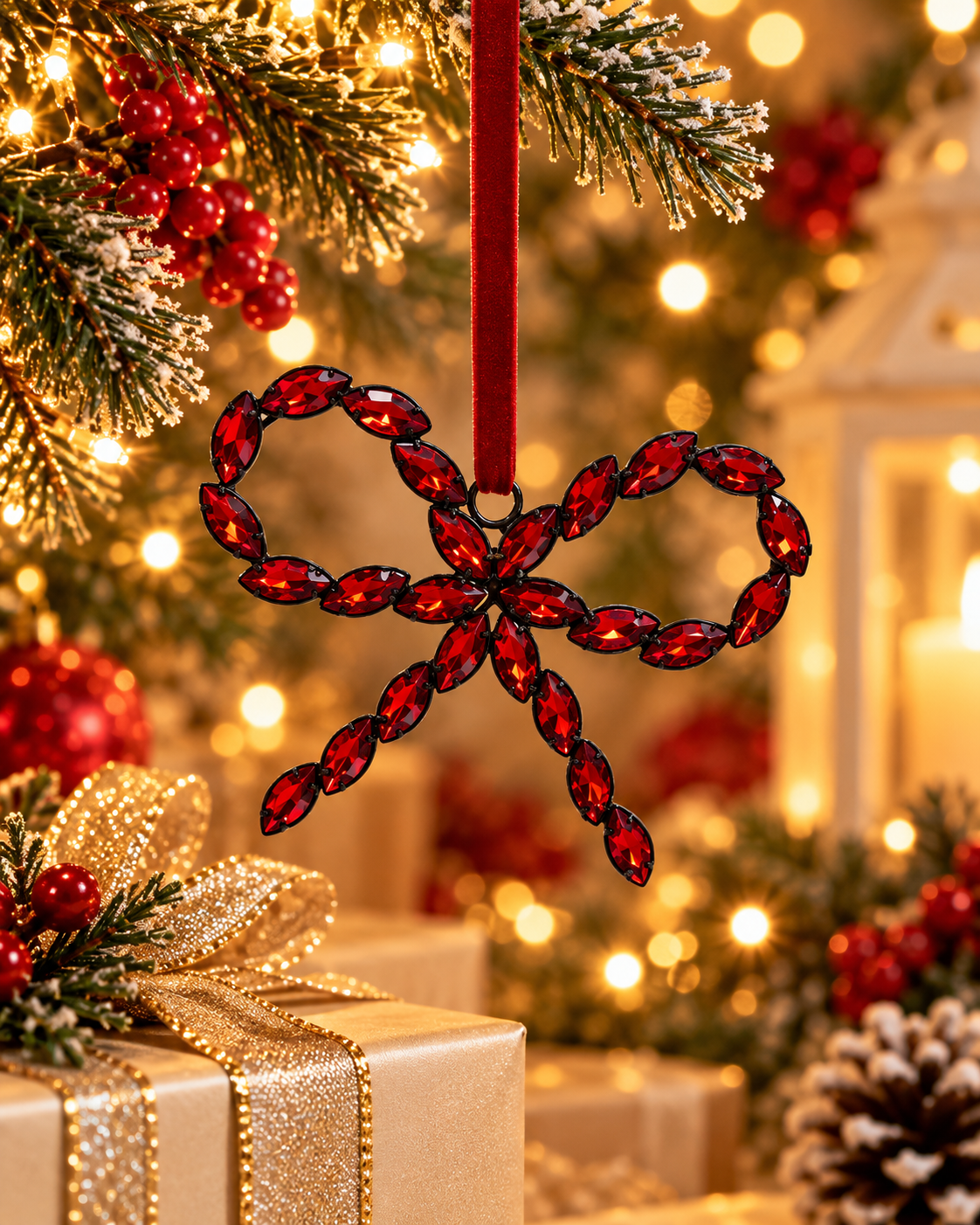 Red Glow Crystal Bow Christmas Ornament - Christmas decor
