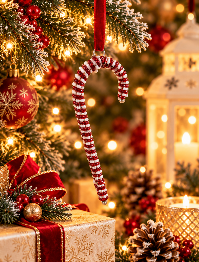 Candy Cane Charm Beaded Christmas Ornament - Christmas decor