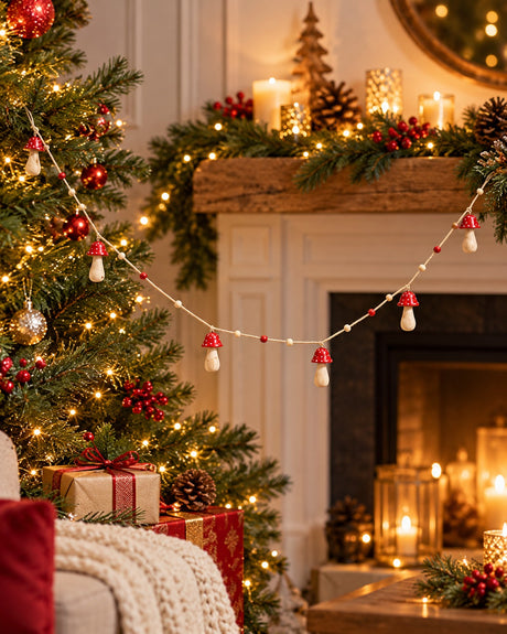 Jingle Bell Wooden Mushroom Christmas Garland - Christmas decor
