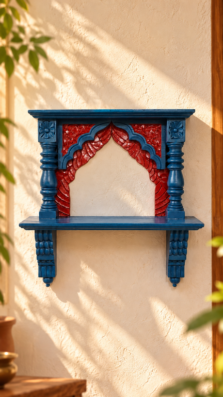 Royal Blue & Red Carved Wooden Wall Shelf