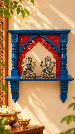 Royal Blue & Red Carved Wooden Wall Shelf