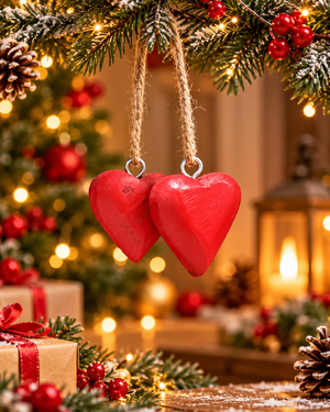Crimson Heart Mango Wood Christmas Ornament set of 2 - Christmas decor