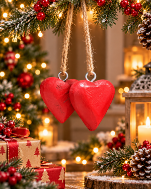 Crimson Heart Mango Wood Christmas Ornament set of 2 - Christmas decor
