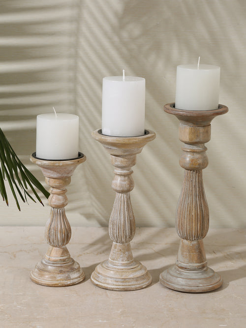 Wooden carved pillar candle holders set of 3
