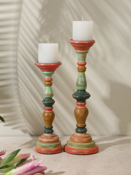 Multicolor Hand Crafted Wooden Candle Holder  set of 2