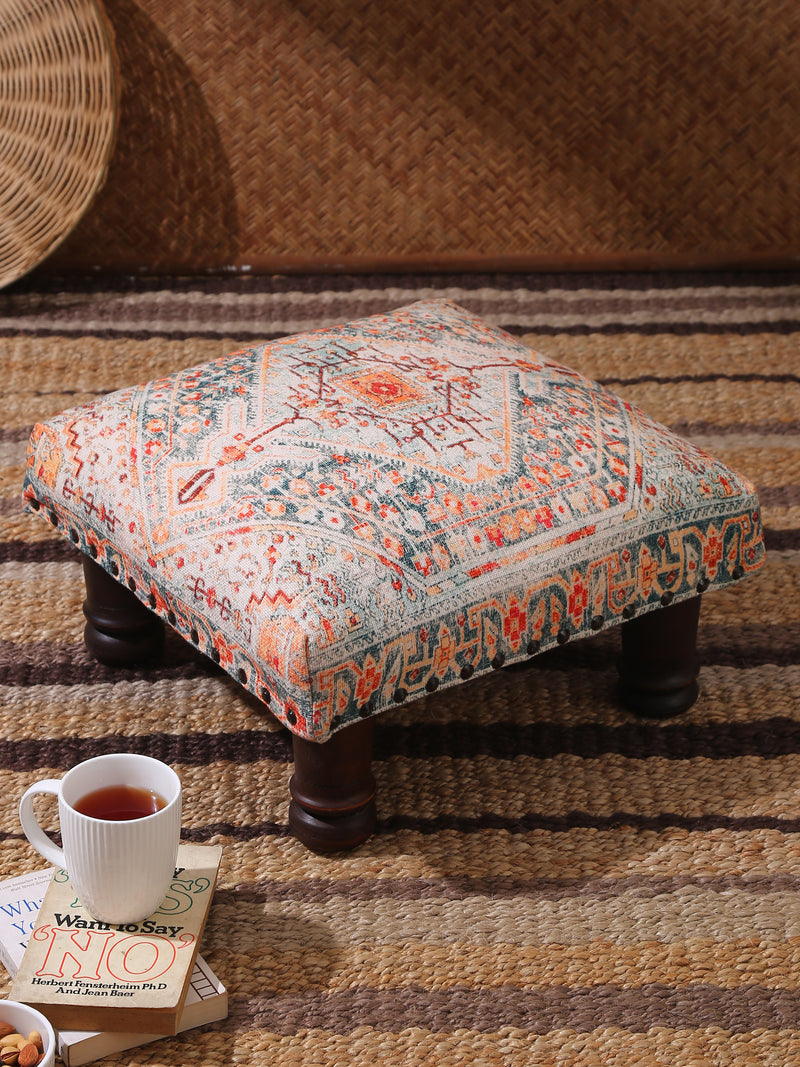 Wooden stool with carpet design top