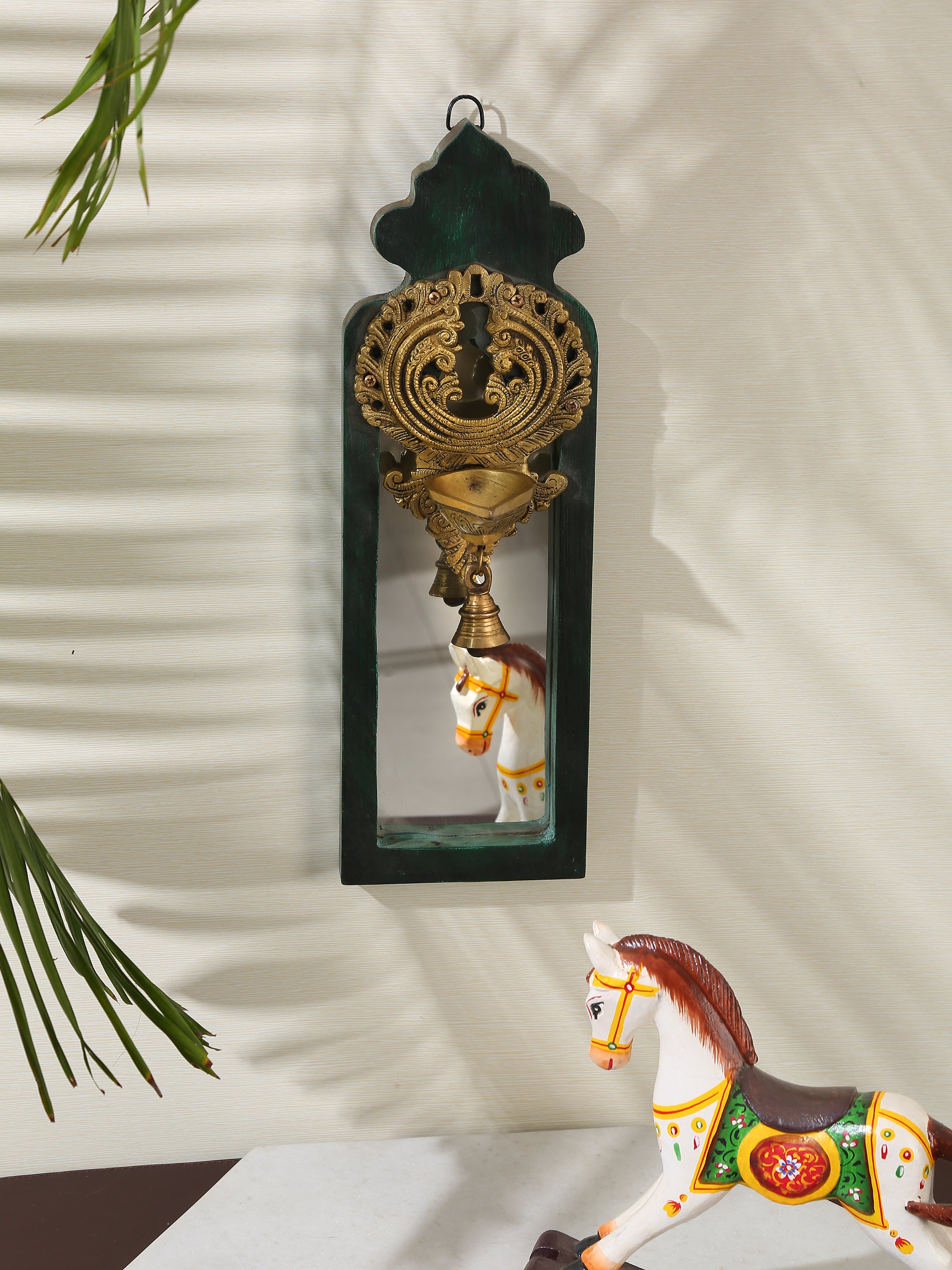 Distress Finish Mirror with Brass Bell Diya  MIRROR by ReviveHome