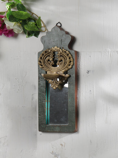 Distress Finish Mirror with Brass Bell Diya  ANTIQUE by ReviveHome