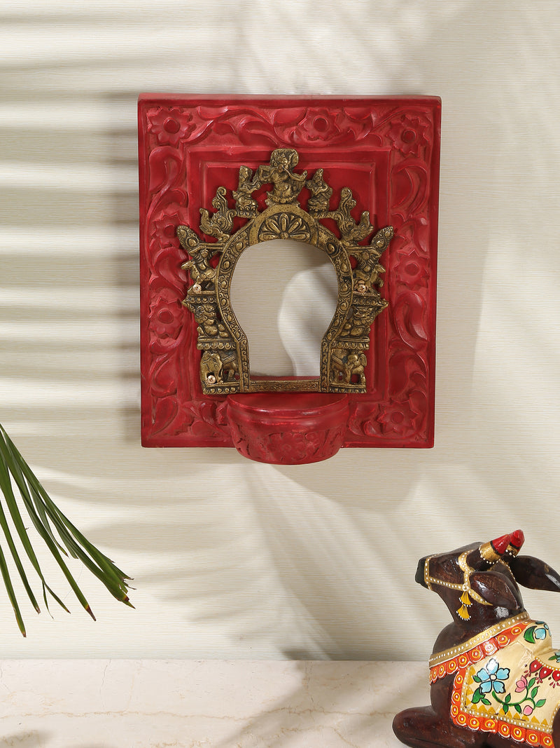 Carved Wall Frame with Brass Prabhavali - Coral Red revivehome