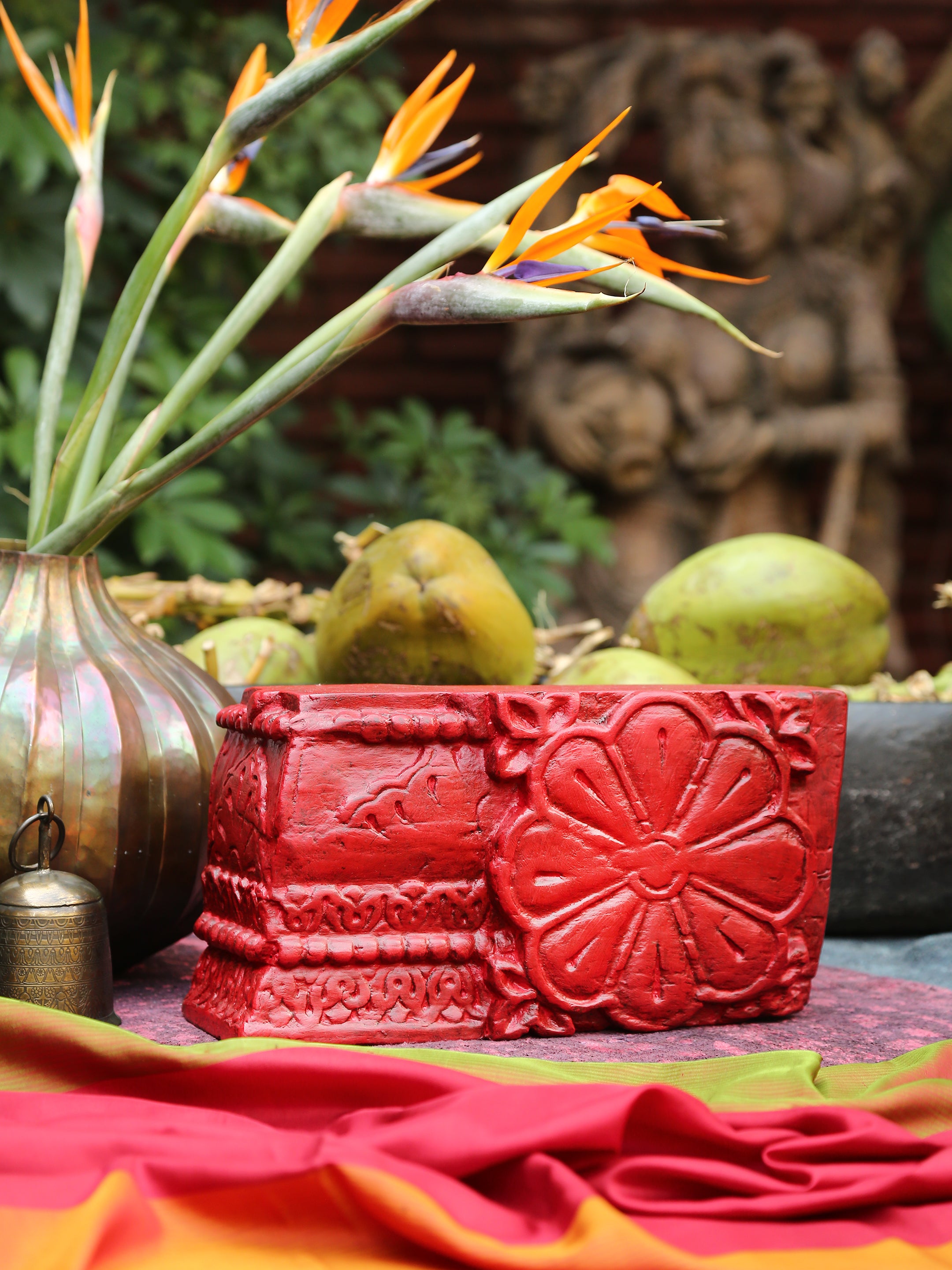 Carved Wooden Block RED WOODEN BOX by ReviveHome