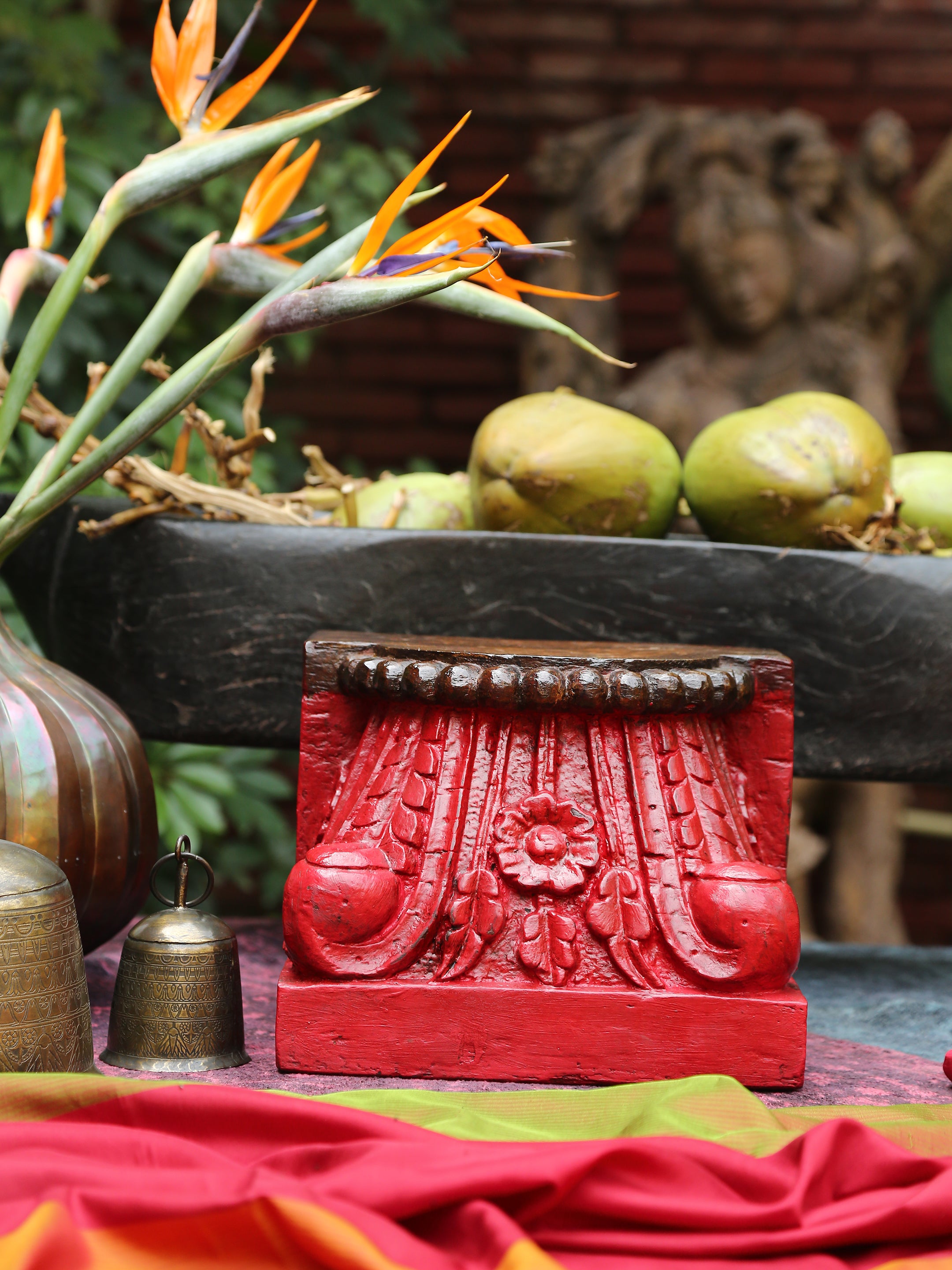 Carved Wooden Block RED WOODEN BLOCK by ReviveHome