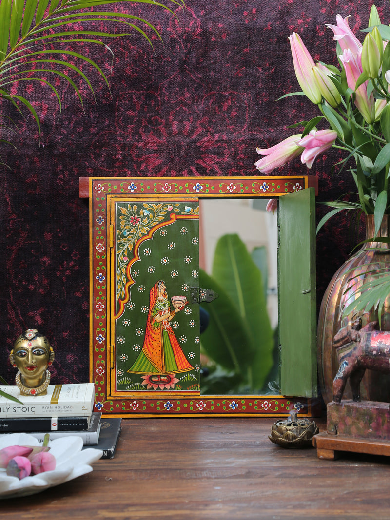 Wooden Multicolor handpainted Radha Krishna  2 door window panel with mirror