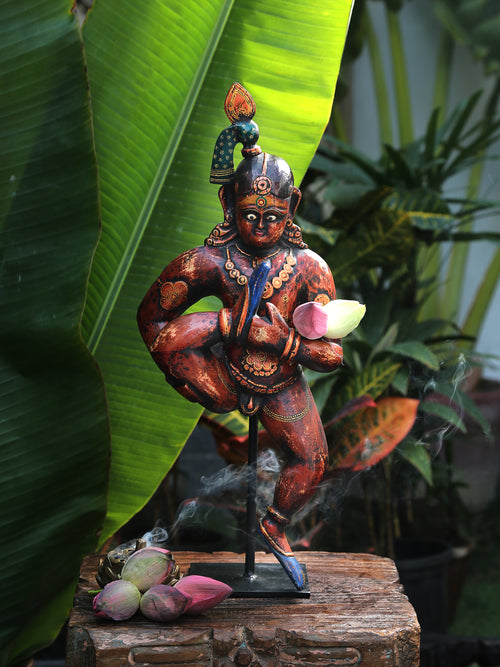 Krishna Wooden Statue on Stand by ReviveHome