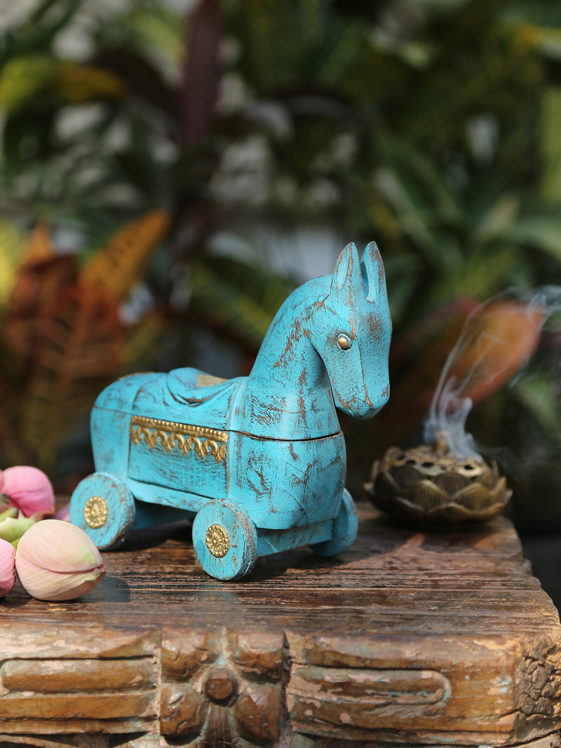 Wooden distressed Horse on wheels with Storage for Trinkets